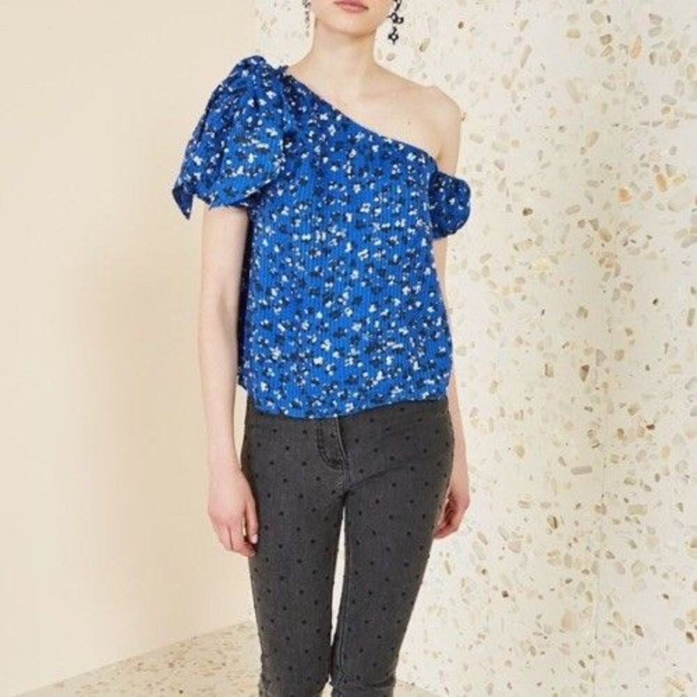 Ulla Johnson Femi Top 8 Silk Cotton Blend Blue Floral One Shoulder Puff Sleeves